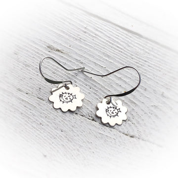 Artisan Sterling Silver Little Blowfish Earrings, Stamped Earrings, Puffer Fish Earrings,Minimalist, Ear Wire, Round, Hook, Unique, Original