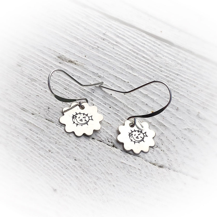 Artisan Sterling Silver Little Blowfish Earrings, Stamped Earrings, Puffer Fish Earrings,Minimalist, Ear Wire, Round, Hook, Unique, Original