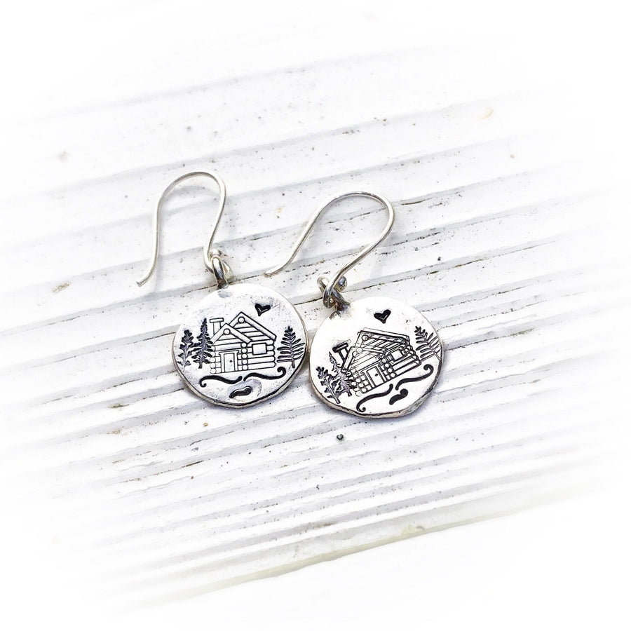 Artisan Sterling Silver Little Log Cabin Earrings, Stamped Earrings, Mountain, Earrings,Minimalist, Ear Wire, Round, Hook, Unique, Original