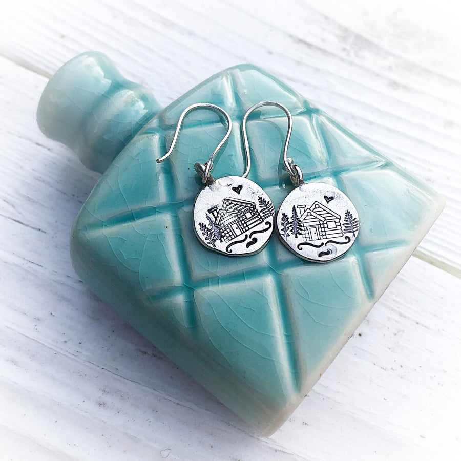 Artisan Sterling Silver Little Log Cabin Earrings, Stamped Earrings, Mountain, Earrings,Minimalist, Ear Wire, Round, Hook, Unique, Original