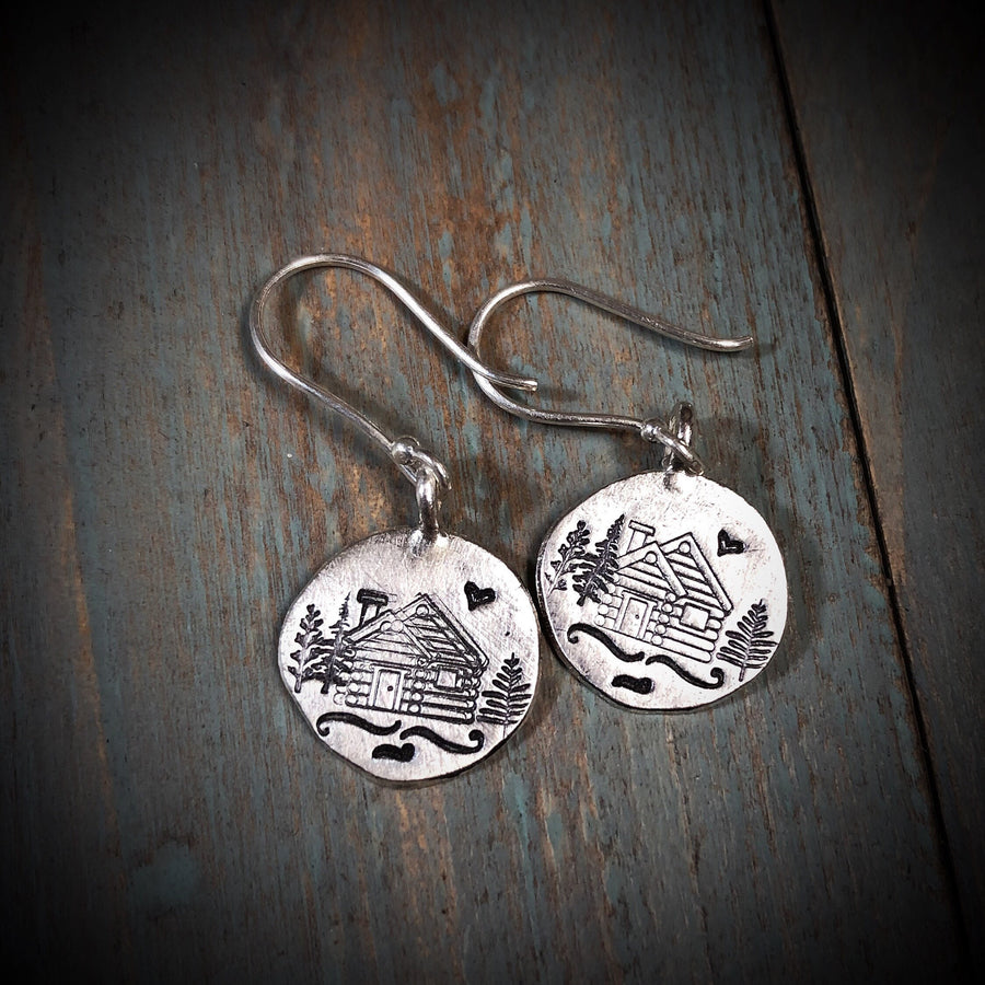 Artisan Sterling Silver Little Log Cabin Earrings, Stamped Earrings, Mountain, Earrings,Minimalist, Ear Wire, Round, Hook, Unique, Original