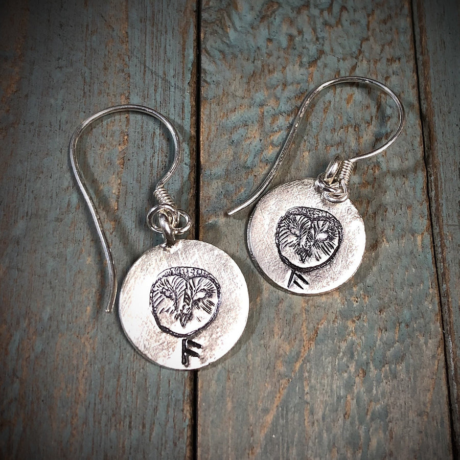 Artisan Sterling Silver Wise Barn Owl Earrings, Stamped Earrings, Rune, Wisdom Runes Earrings,Minimalist, Ear Wire, Unique, Original