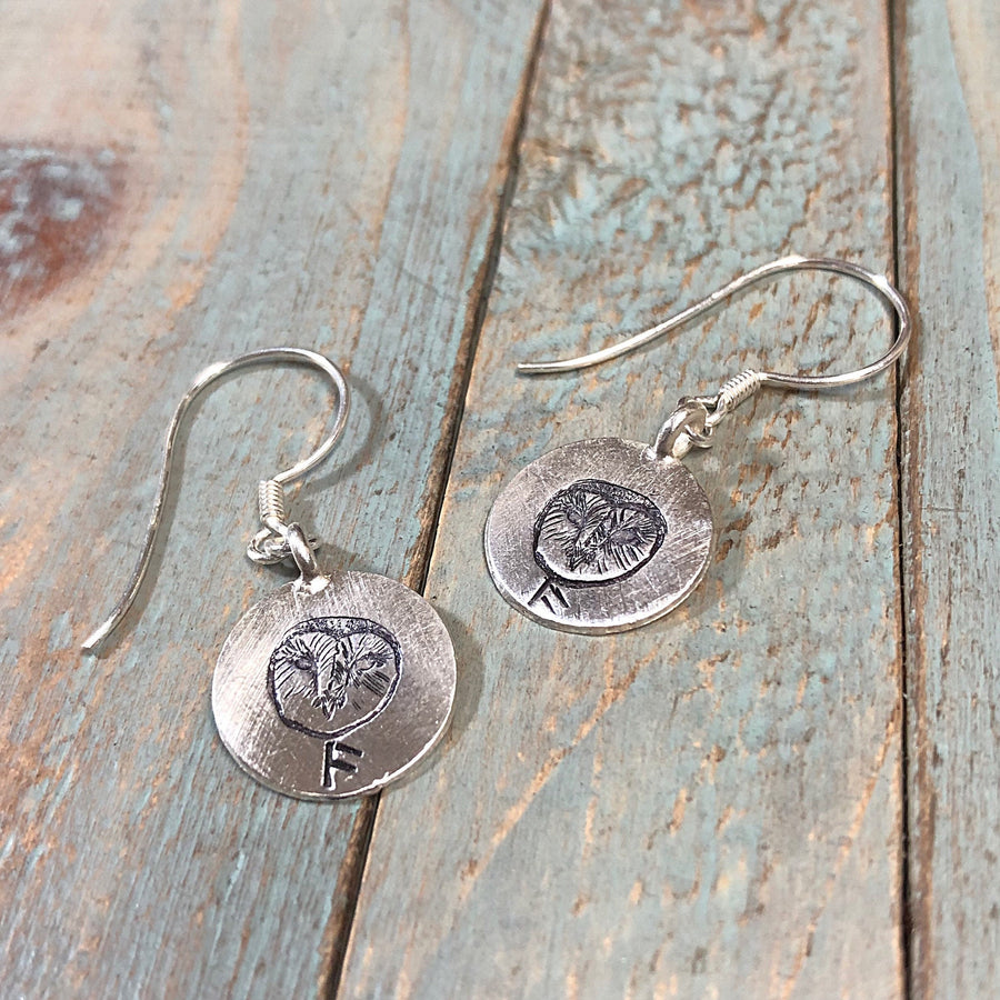 Artisan Sterling Silver Wise Barn Owl Earrings, Stamped Earrings, Rune, Wisdom Runes Earrings,Minimalist, Ear Wire, Unique, Original