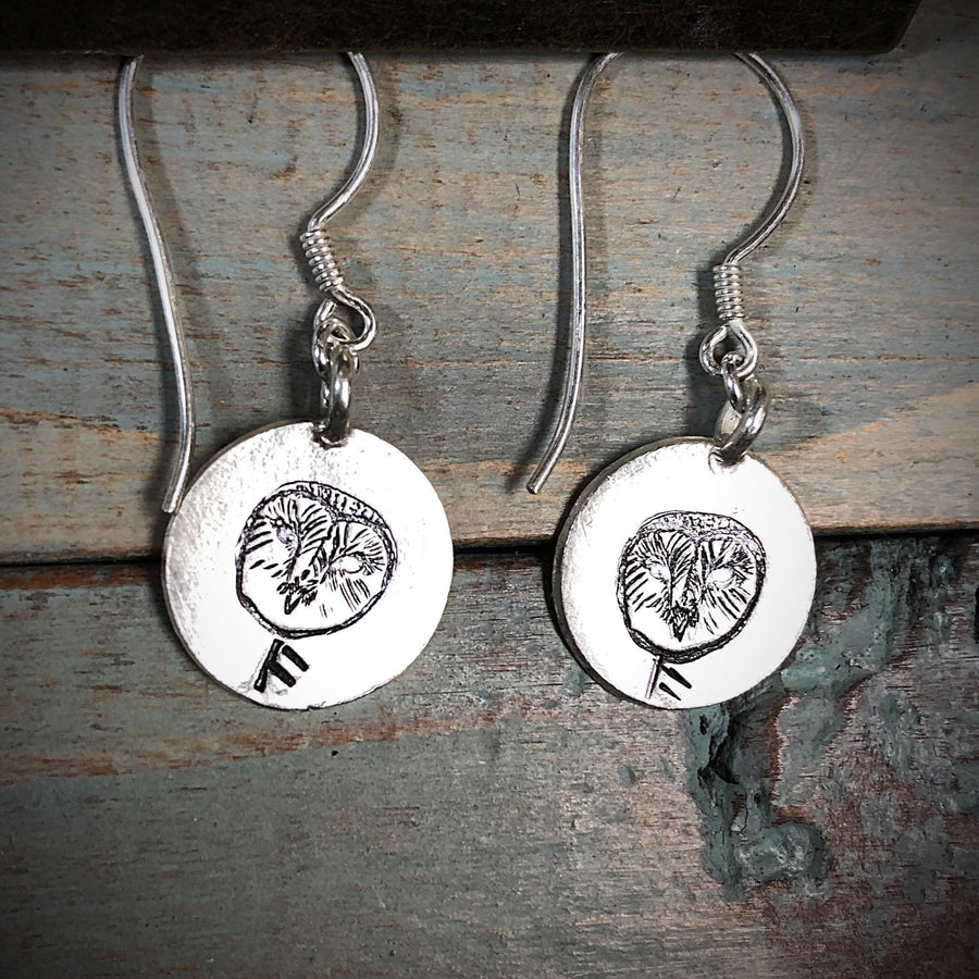 Artisan Sterling Silver Wise Barn Owl Earrings, Stamped Earrings, Rune, Wisdom Runes Earrings,Minimalist, Ear Wire, Unique, Original