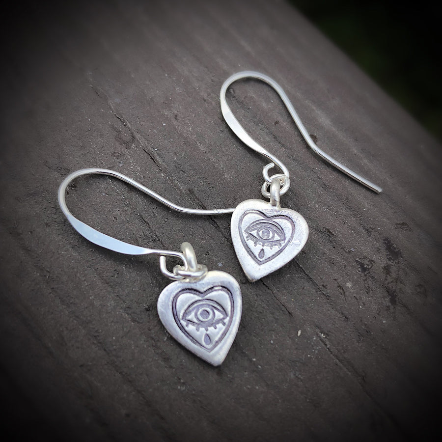 Artisan Sterling Silver Little Crying Heart Stamped Earrings, Pinup, Tattoo,Minimalist, Ear Wire, Round, Hook, Unique, Original