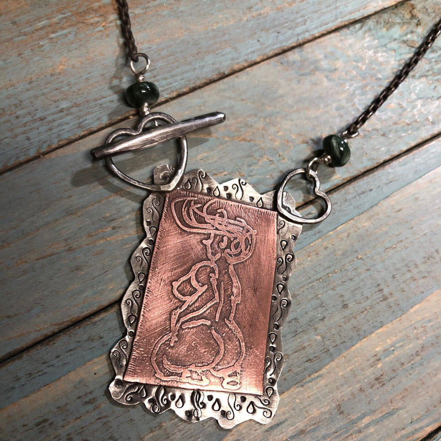 Artisan Sterling Silver and Etched Copper Woman Pendant, Pinup, Curvy, Thick, Girl, Naked, Posed, Pop CultureLover, Metalsmith Mixed Metal