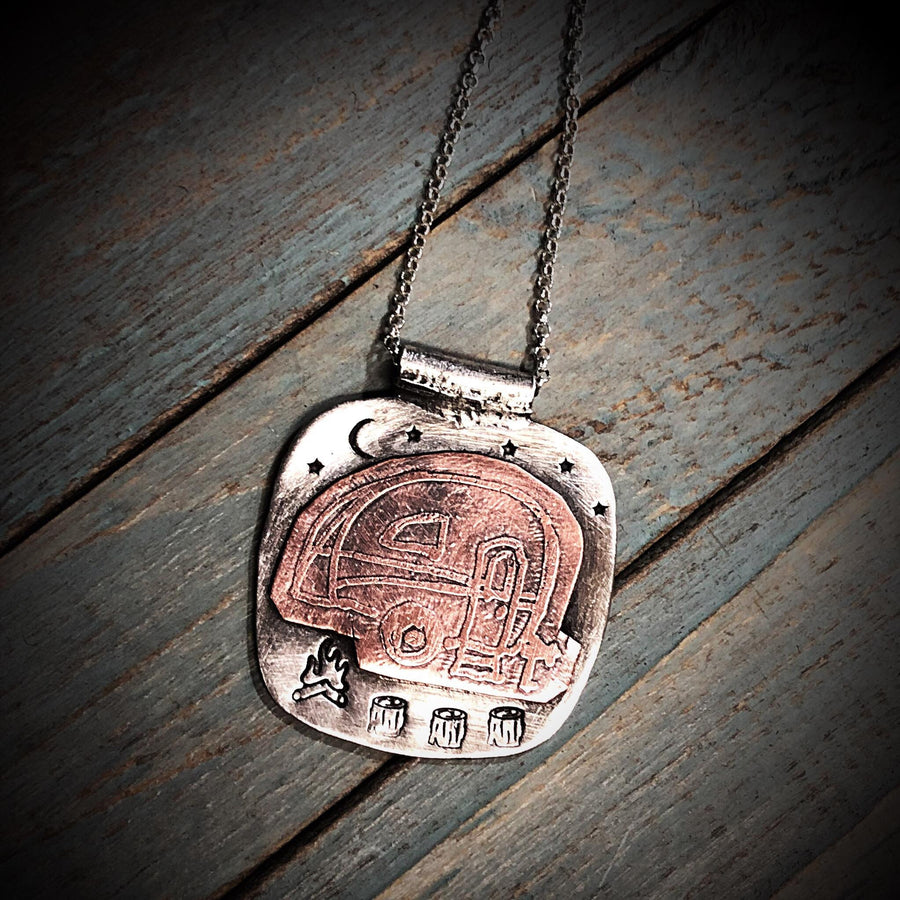 Artisan Sterling Silver and Etched Copper Trailer in the Night Sky Pendant, Glamping, Camping, Hiking, Mountains Metalsmith Mixed Metal