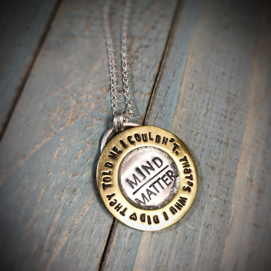 Artisan Stamped Mind over Matter Sterling Silver + Brass Pendant Necklace, 