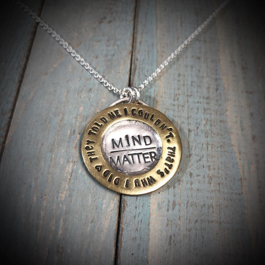 Artisan Stamped Mind over Matter Sterling Silver + Brass Pendant Necklace, 