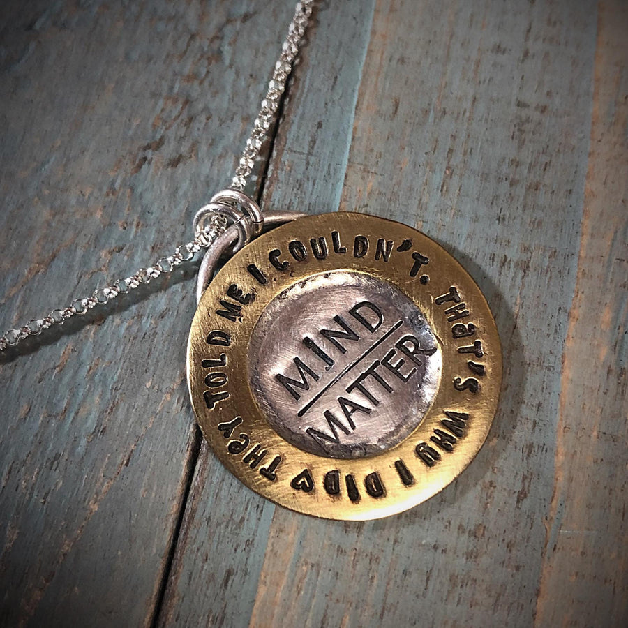 Artisan Stamped Mind over Matter Sterling Silver + Brass Pendant Necklace, 