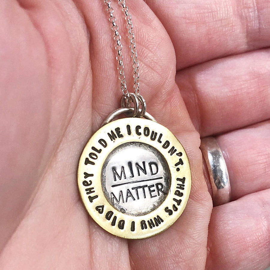 Artisan Stamped Mind over Matter Sterling Silver + Brass Pendant Necklace, 