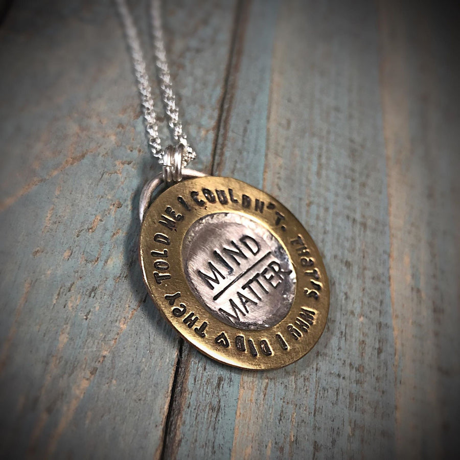 Artisan Stamped Mind over Matter Sterling Silver + Brass Pendant Necklace, 