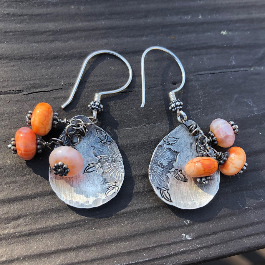 Artisan Sterling Silver Petal & AAA Spiny Oyster beads with Sterling Earwires Drop Dangle Earrings Beautiful Bali Silver Stamped