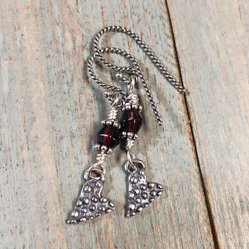 Artisan Sterling Silver Rustic Dotted Heart Earrings, with Genuine Garnet, Faceted Gemstone Earwire Ear Wire Heart Earrings, Valentine Gift