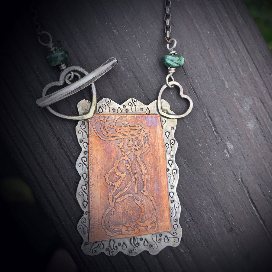 Artisan Sterling Silver and Etched Copper Woman Pendant, Pinup, Curvy, Thick, Girl, Naked, Posed, Pop CultureLover, Metalsmith Mixed Metal