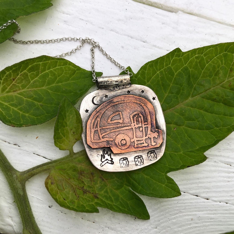 Artisan Sterling Silver and Etched Copper Trailer in the Night Sky Pendant, Glamping, Camping, Hiking, Mountains Metalsmith Mixed Metal