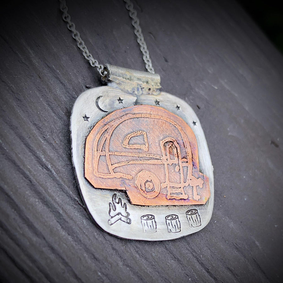 Artisan Sterling Silver and Etched Copper Trailer in the Night Sky Pendant, Glamping, Camping, Hiking, Mountains Metalsmith Mixed Metal