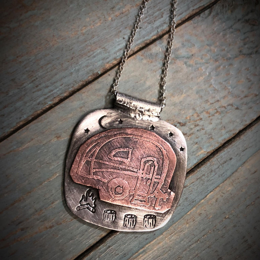 Artisan Sterling Silver and Etched Copper Trailer in the Night Sky Pendant, Glamping, Camping, Hiking, Mountains Metalsmith Mixed Metal