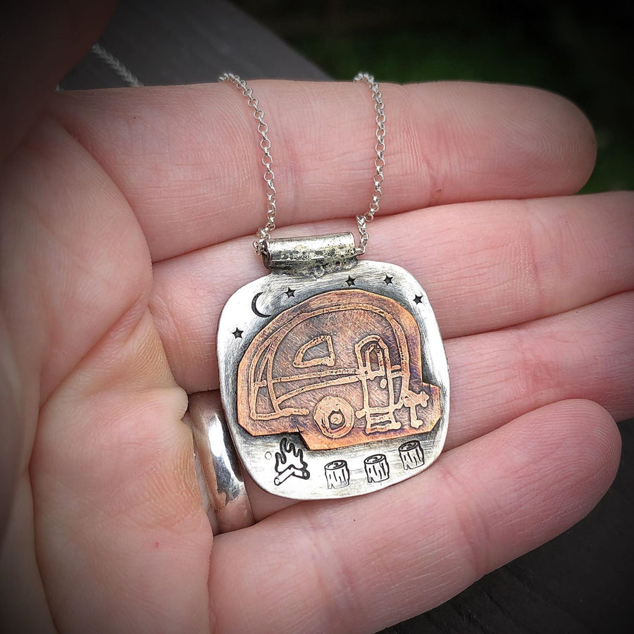 Artisan Sterling Silver and Etched Copper Trailer in the Night Sky Pendant, Glamping, Camping, Hiking, Mountains Metalsmith Mixed Metal