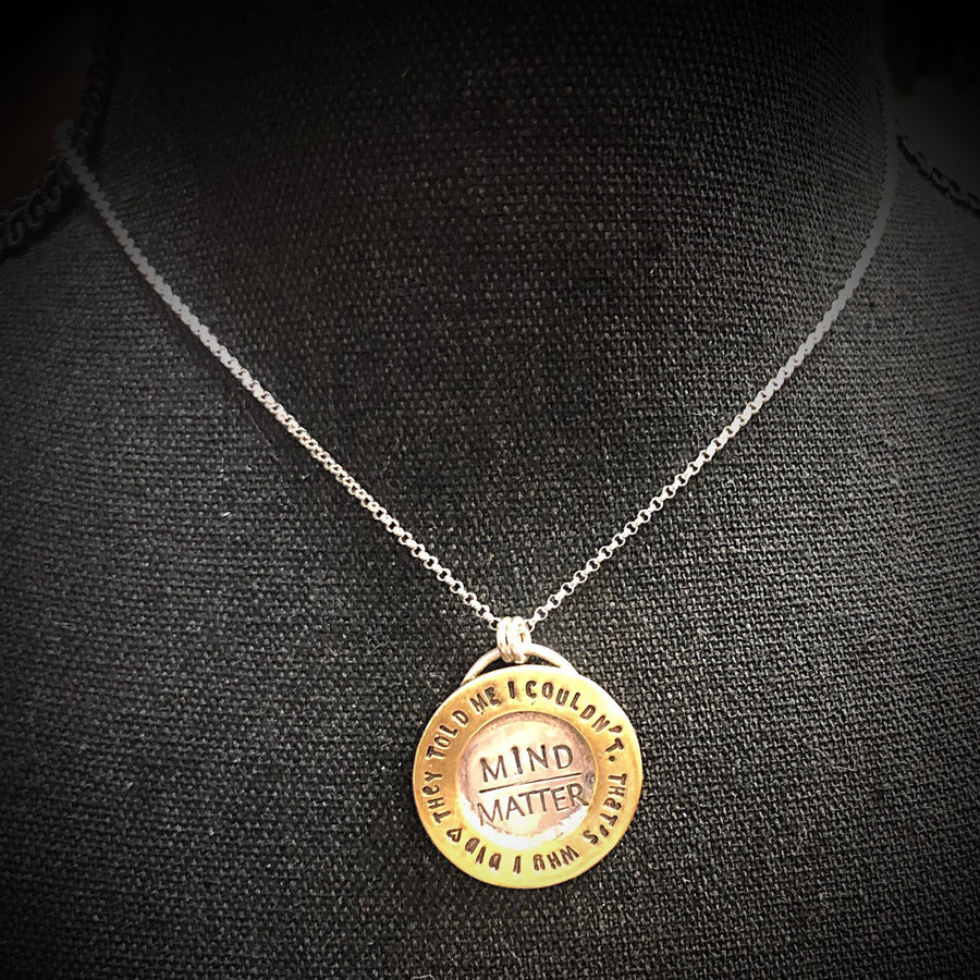 Artisan Stamped Mind over Matter Sterling Silver + Brass Pendant Necklace, 