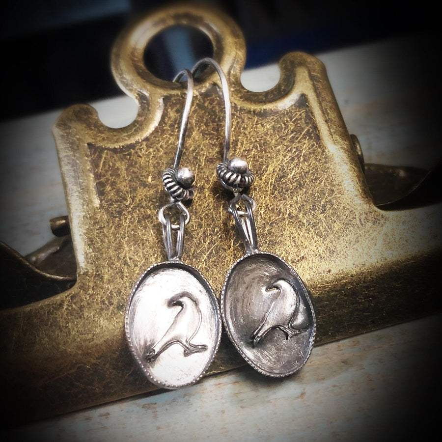 Artisan Sterling Silver Little Framed Crow Earrings, Raven, Edgar Allen Poe, Antiqued Bali Style Ear Wires, Lightweight, Comfortable, OOAK