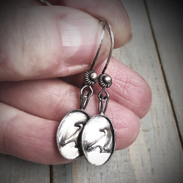 Artisan Sterling Silver Little Framed Crow Earrings, Raven, Edgar Allen Poe, Antiqued Bali Style Ear Wires, Lightweight, Comfortable, OOAK