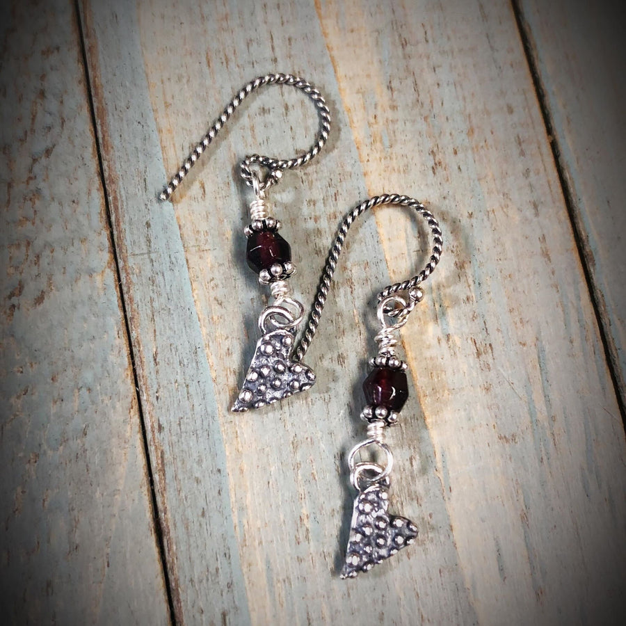 Artisan Sterling Silver Rustic Dotted Heart Earrings, with Genuine Garnet, Faceted Gemstone Earwire Ear Wire Heart Earrings, Valentine Gift