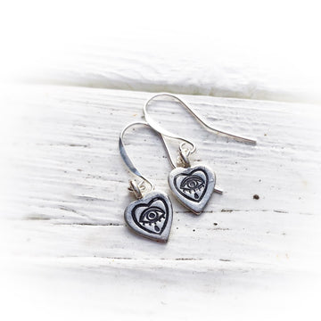 Artisan Sterling Silver Little Crying Heart Stamped Earrings, Pinup, Tattoo,Minimalist, Ear Wire, Round, Hook, Unique, Original