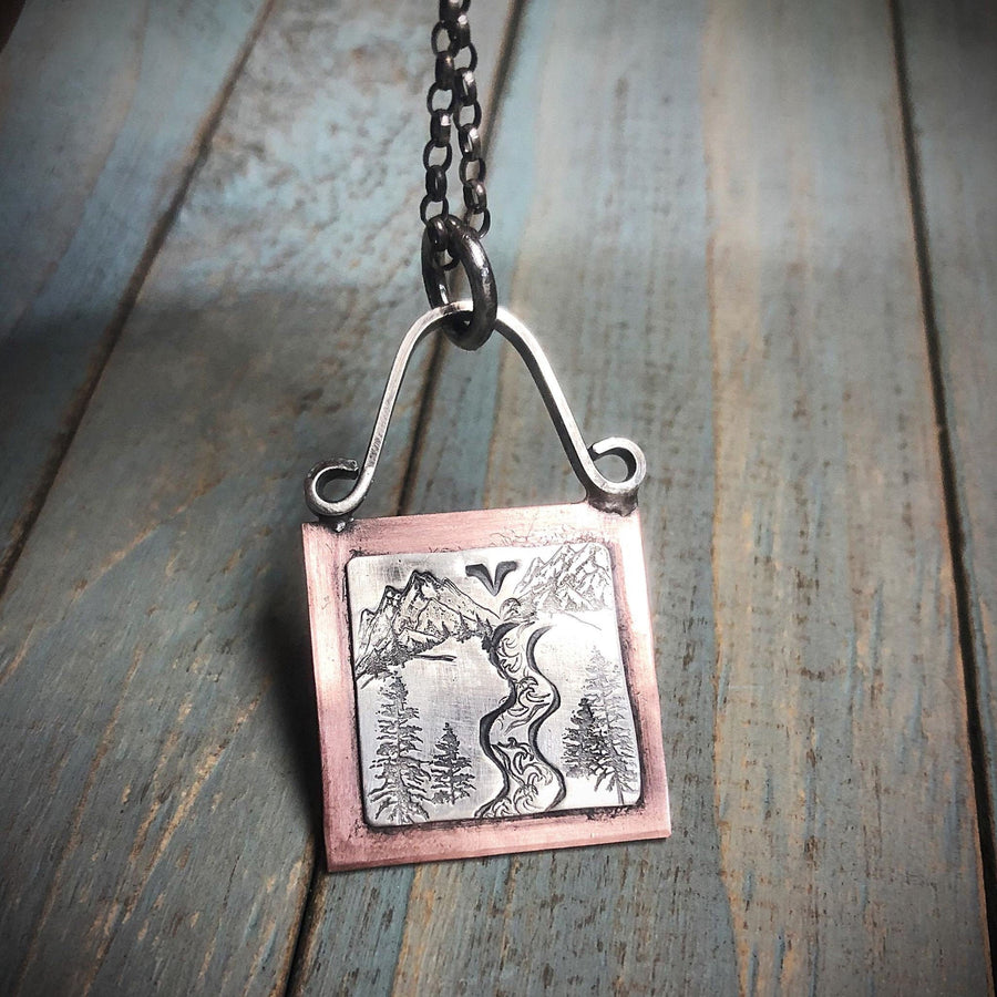 Artisan Sterling Silver and Mountain and River Scene Pendant, Trees, Tamarack, Wilderness, Camping, Hiking, Mountains Metalsmith Mixed Metal