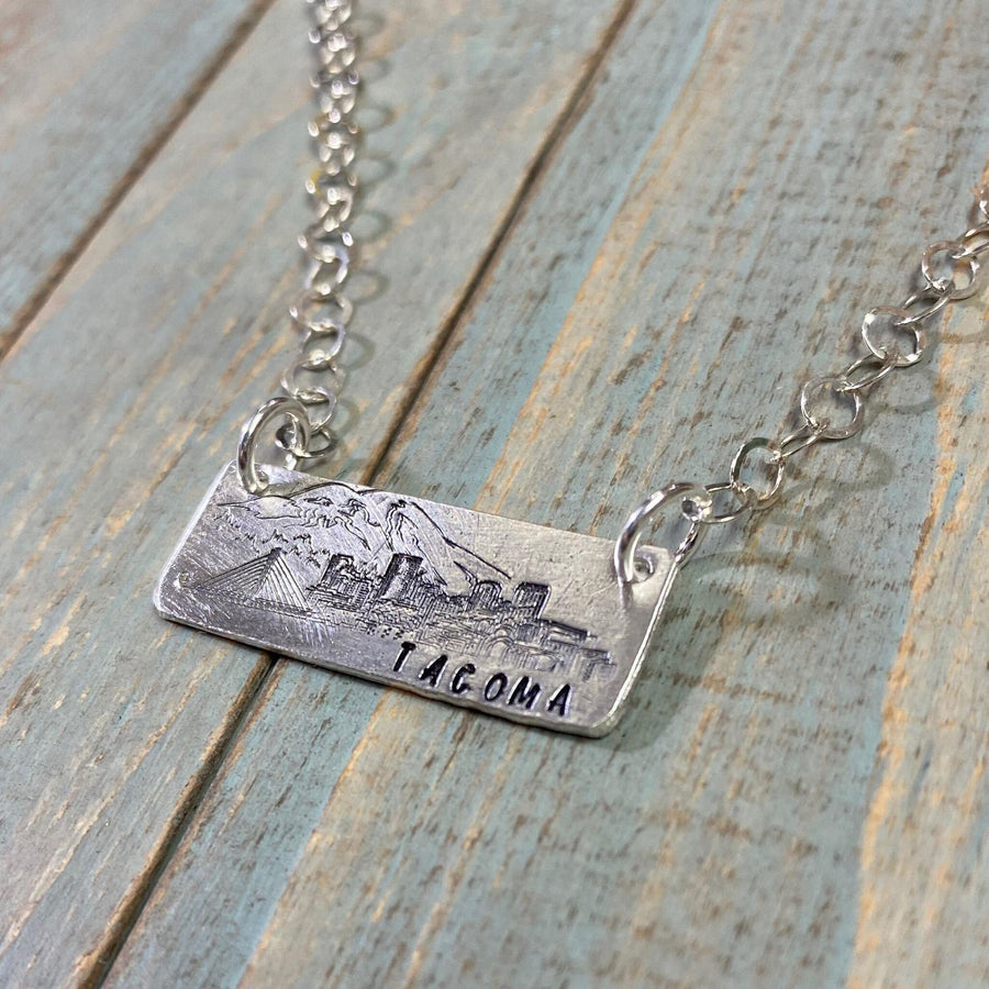 Artisan Stamped Mt Rainier Mountain Washington TACOMA Pendant Necklace, Camping Hiking, Sterling Silver, Mount, Simple, Minimalist, Antiqued