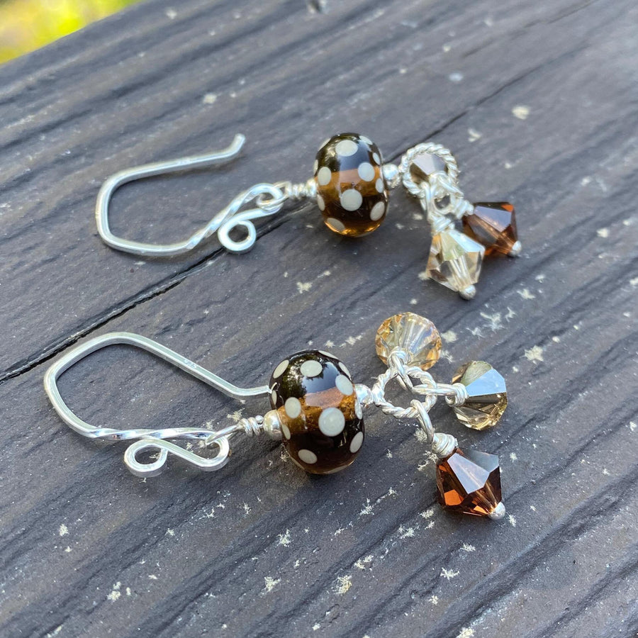 Artisan Sterling Silver & Polka Dot Lampwork Glass Earrings with Sterling Earwires, Swarovski Crystals, Brown Cognac Tobacco Golden