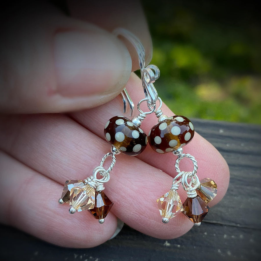 Artisan Sterling Silver & Polka Dot Lampwork Glass Earrings with Sterling Earwires, Swarovski Crystals, Brown Cognac Tobacco Golden