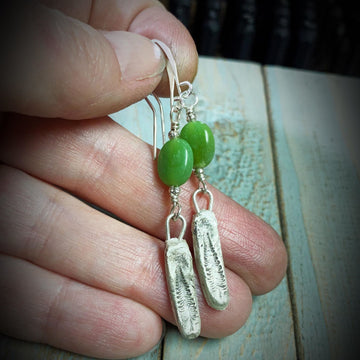 Artisan Fine Silver and Chrysoprase Evergreen Hiking Camping with Sterling Earwires Drop Dangle Earrings Silver Clay PMC Lime Green & Silver