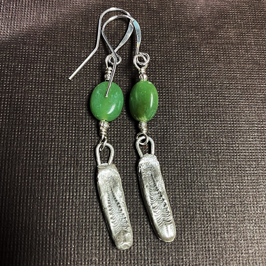 Artisan Fine Silver and Chrysoprase Evergreen Hiking Camping with Sterling Earwires Drop Dangle Earrings Silver Clay PMC Lime Green & Silver