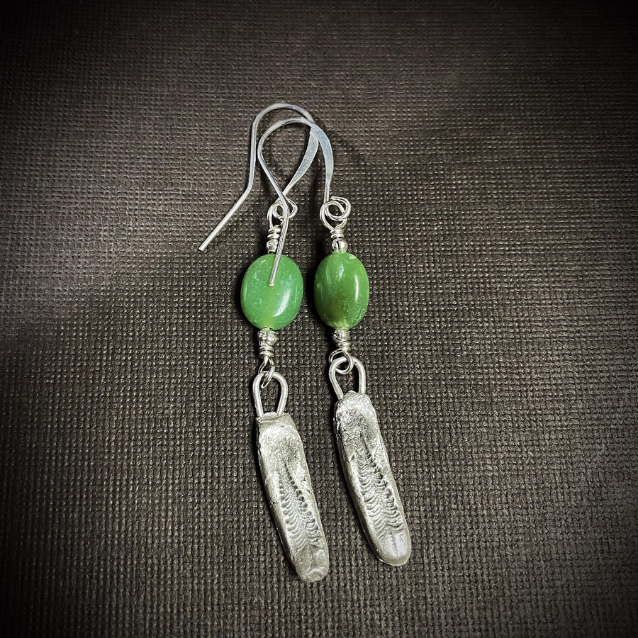 Artisan Fine Silver and Chrysoprase Evergreen Hiking Camping with Sterling Earwires Drop Dangle Earrings Silver Clay PMC Lime Green & Silver