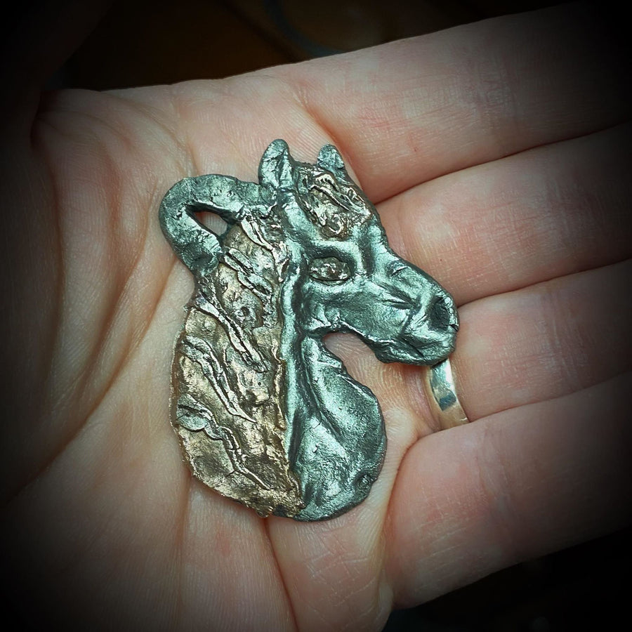 Steel and Copper Horse Head Pendant, Wild Horse, hand carved, Metal Clay, PMC, Unique OOAK, Customizable Necklace, Recycled