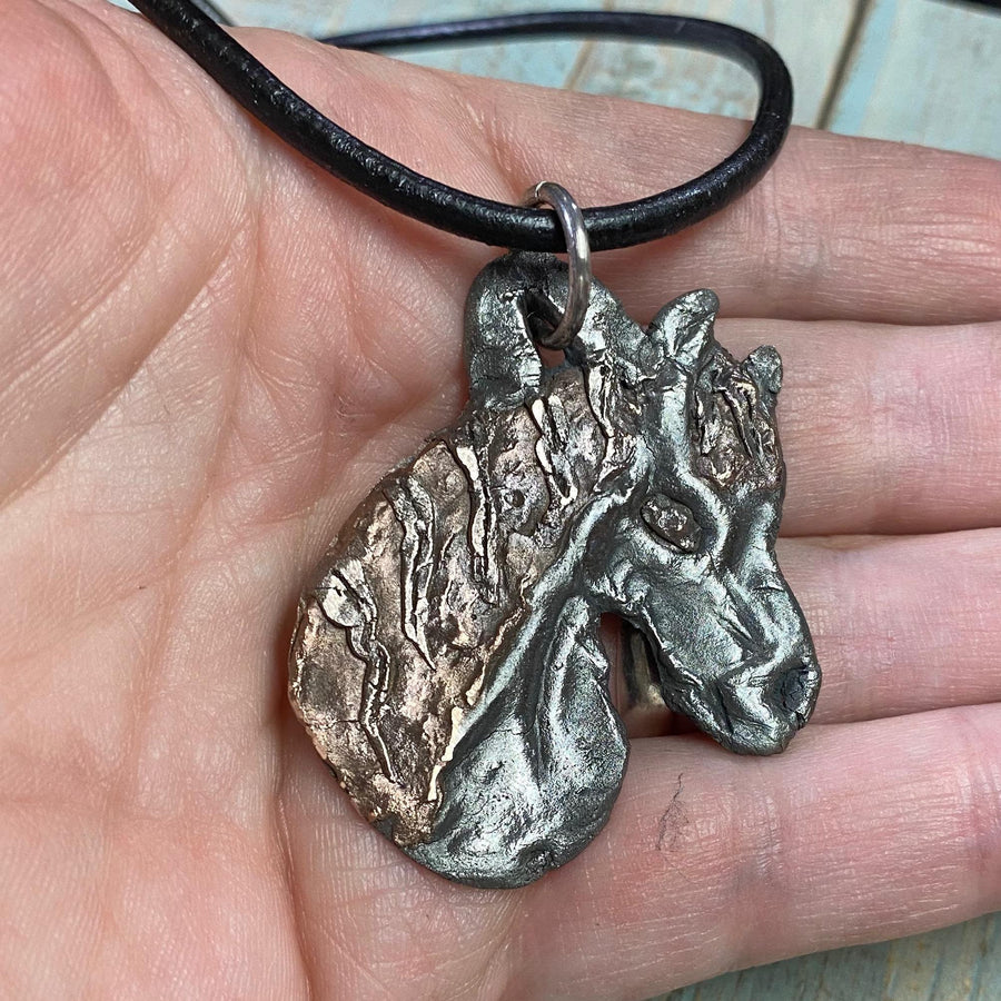 Steel and Copper Horse Head Pendant, Wild Horse, hand carved, Metal Clay, PMC, Unique OOAK, Customizable Necklace, Recycled