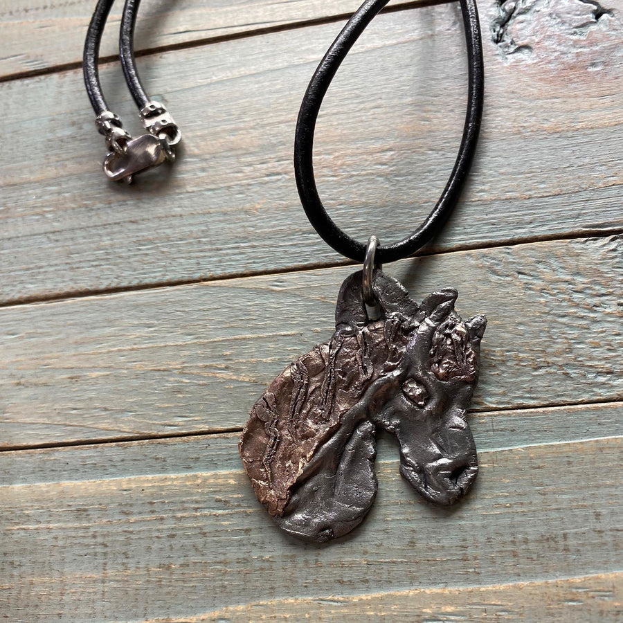 Steel and Copper Horse Head Pendant, Wild Horse, hand carved, Metal Clay, PMC, Unique OOAK, Customizable Necklace, Recycled