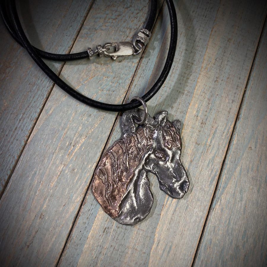 Steel and Copper Horse Head Pendant, Wild Horse, hand carved, Metal Clay, PMC, Unique OOAK, Customizable Necklace, Recycled