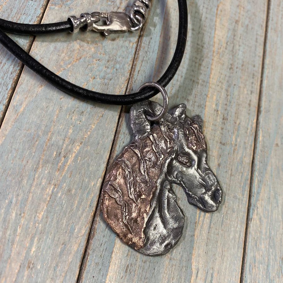 Steel and Copper Horse Head Pendant, Wild Horse, hand carved, Metal Clay, PMC, Unique OOAK, Customizable Necklace, Recycled