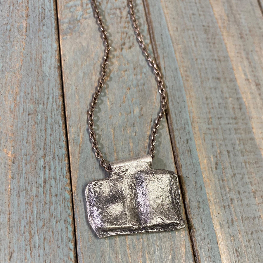 Solid Fine Silver Open Book Pendant, Reader Gift, hand carved, Metal Clay, PMC, Unique OOAK, Customizable Necklace, Recycled Silver