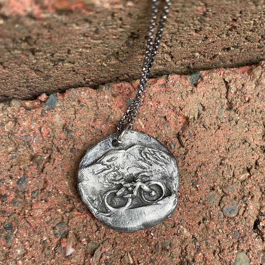 Solid Fine Silver Mount Mt Rainier Mountain Bike Pendant, Cycling, Biking, hand carved, Metal Clay, Customizable Necklace, Recycled Silver