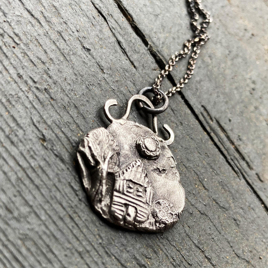 Solid Fine Silver Home, Little House, Farm Scene, Rustic Pendant, hand carved, Metal Clay, Recycled Silver