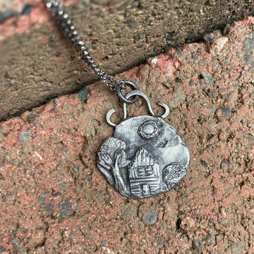 Solid Fine Silver Home, Little House, Farm Scene, Rustic Pendant, hand carved, Metal Clay, Recycled Silver