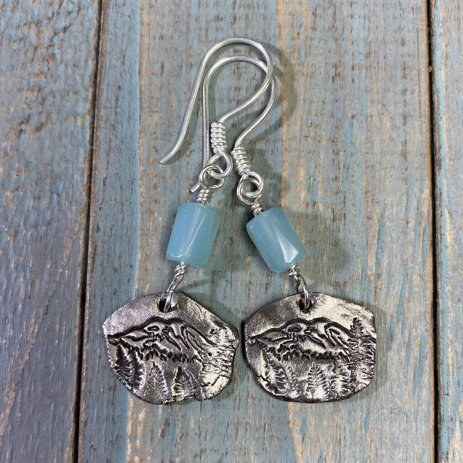 Artisan Fine Silver genuine blue chalcedony with unique Mt. Mount Rainier design in white bronze andSterling Earwires Drop Dangle Earrings