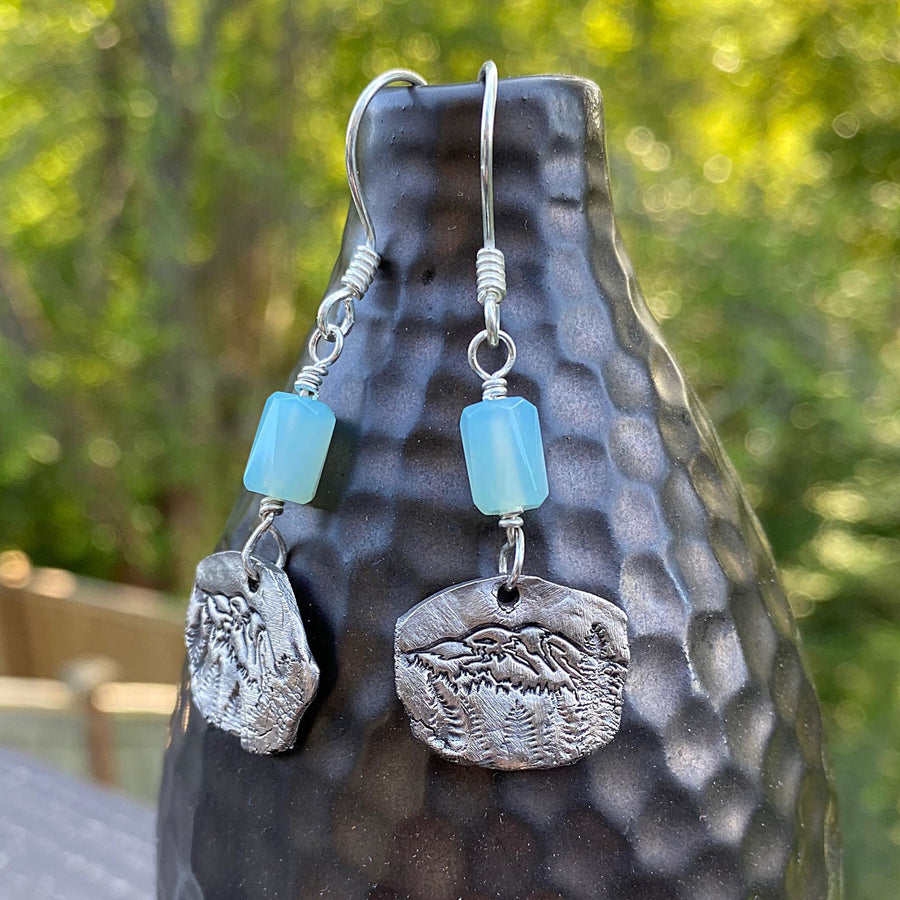 Artisan Fine Silver genuine blue chalcedony with unique Mt. Mount Rainier design in white bronze andSterling Earwires Drop Dangle Earrings