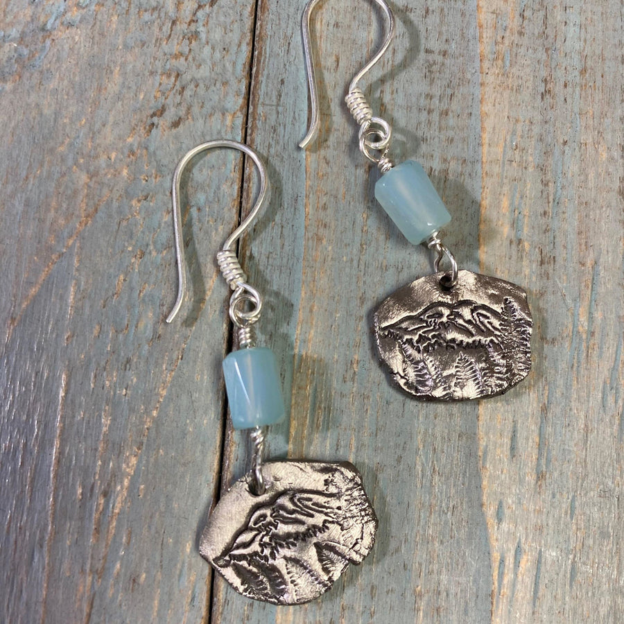 Artisan Fine Silver genuine blue chalcedony with unique Mt. Mount Rainier design in white bronze andSterling Earwires Drop Dangle Earrings