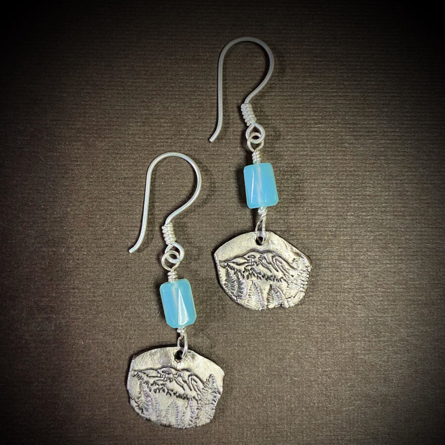 Artisan Fine Silver genuine blue chalcedony with unique Mt. Mount Rainier design in white bronze andSterling Earwires Drop Dangle Earrings