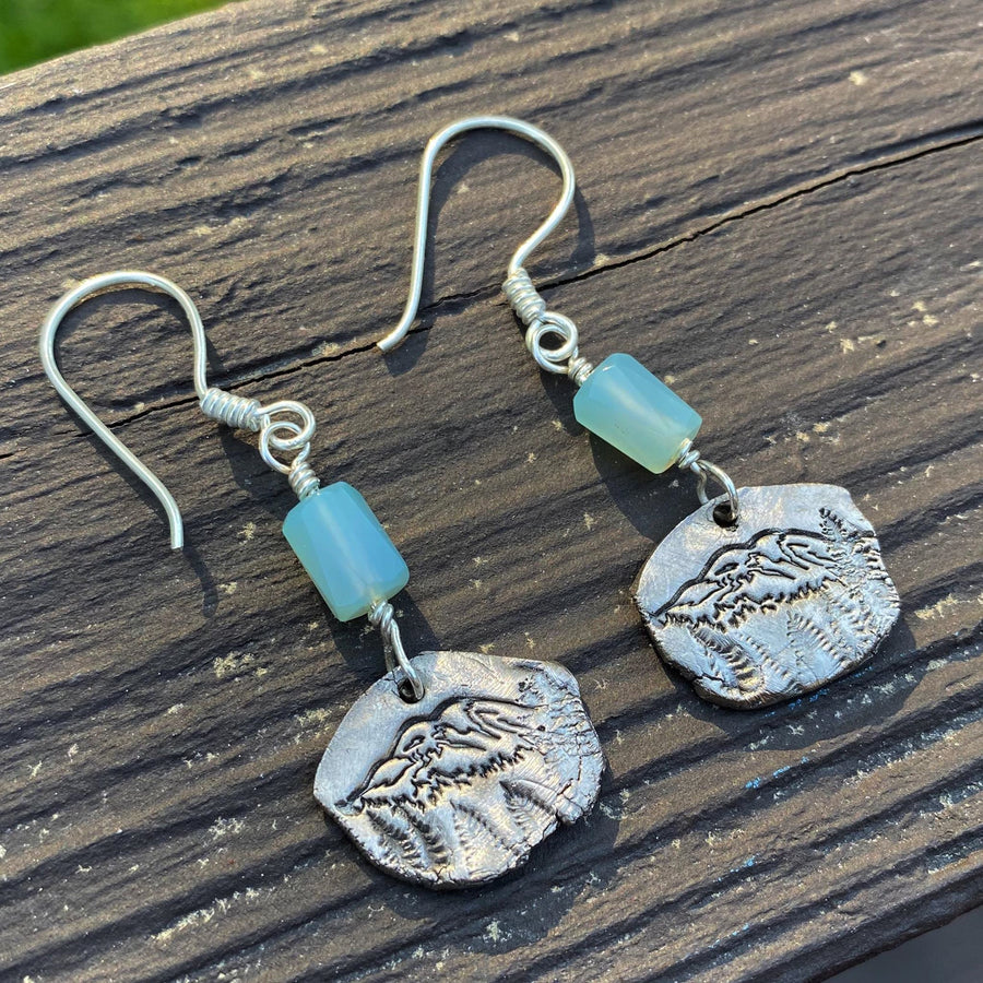 Artisan Fine Silver genuine blue chalcedony with unique Mt. Mount Rainier design in white bronze andSterling Earwires Drop Dangle Earrings