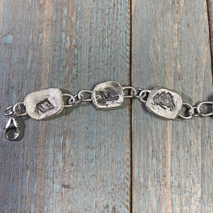 Artisan Fine Silver Little Camping Bracelet, handmade charm bracelet, Mountain, Cabin, Dirt bike, Tent Silver Clay PMC Completely Original